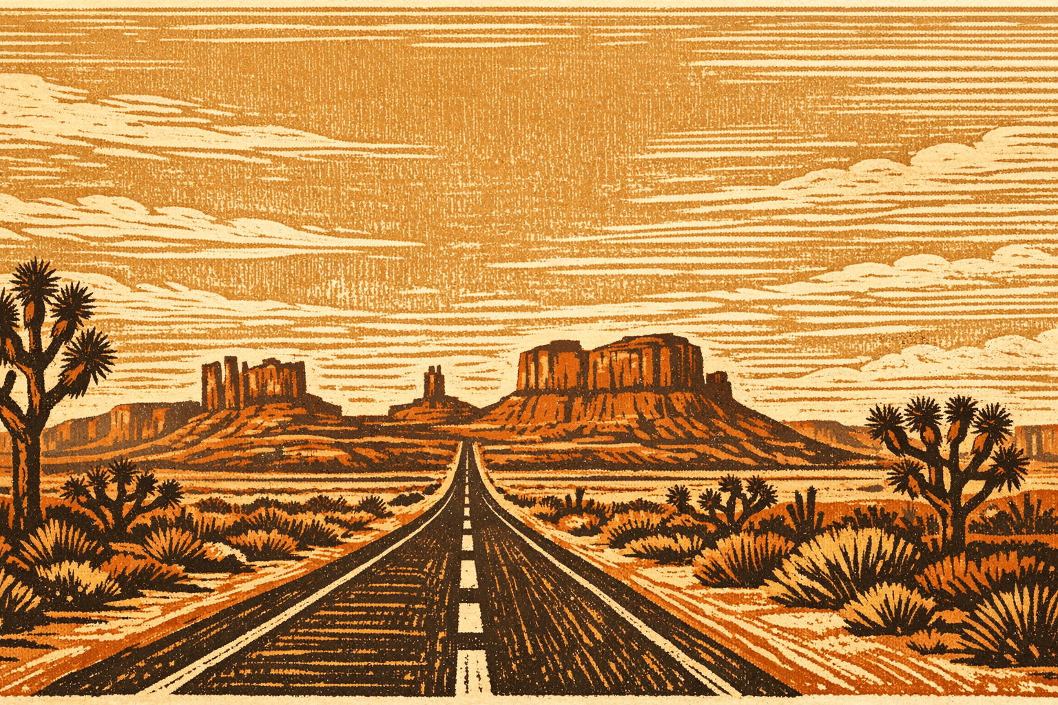 Desert highway stretching toward red rock mesas