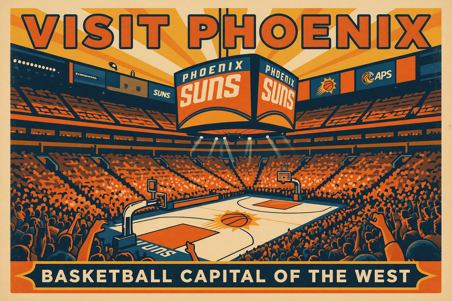 Interior del Footprint Center en Phoenix, la cancha de los Suns iluminada, gradas llenas de aficionados con jerseys morados y naranjas, marcador encendido