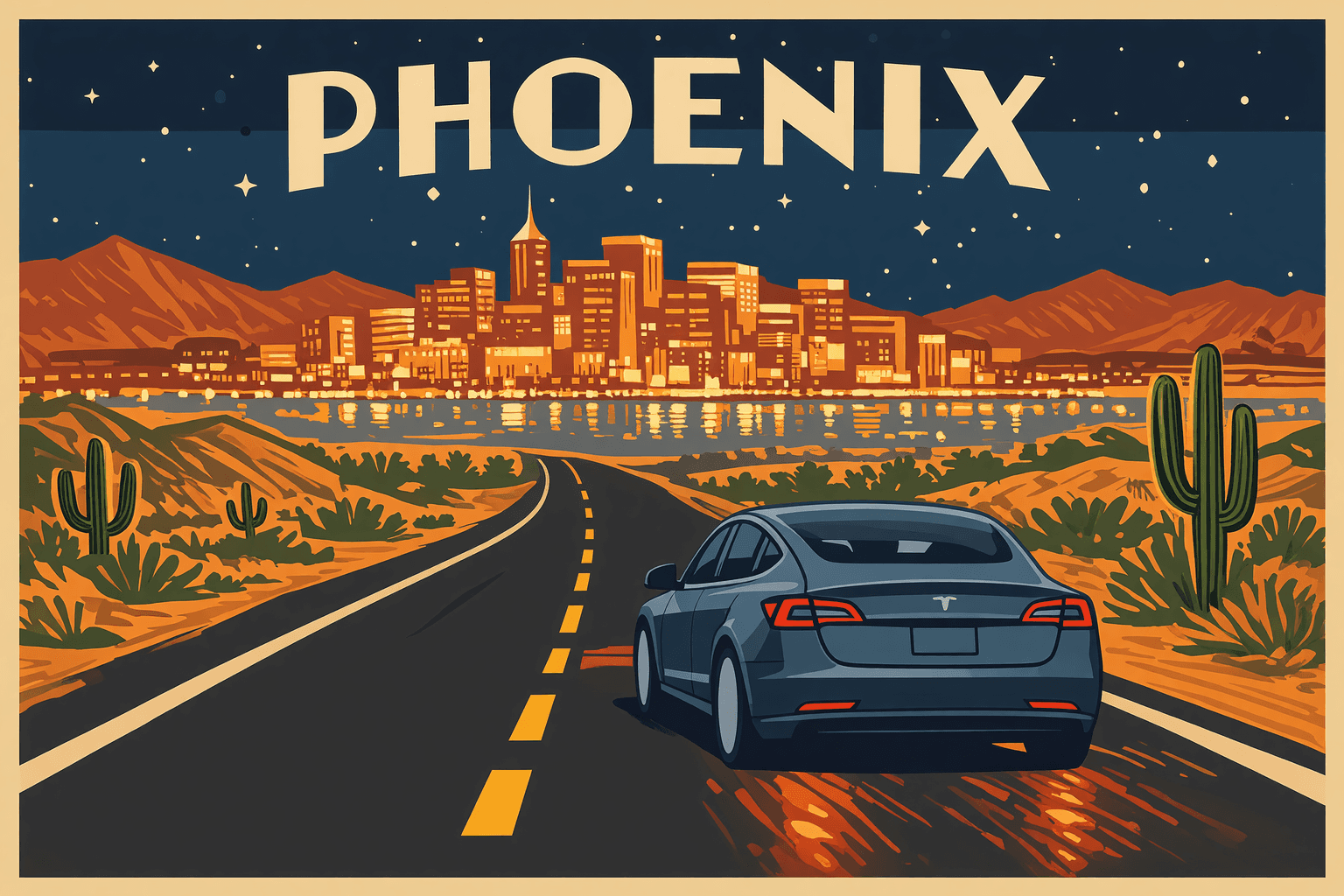 El Tesla Model 3 en la I-10 de regreso a Chandler de noche, las luces de Phoenix brillando atras, el cielo oscuro del desierto