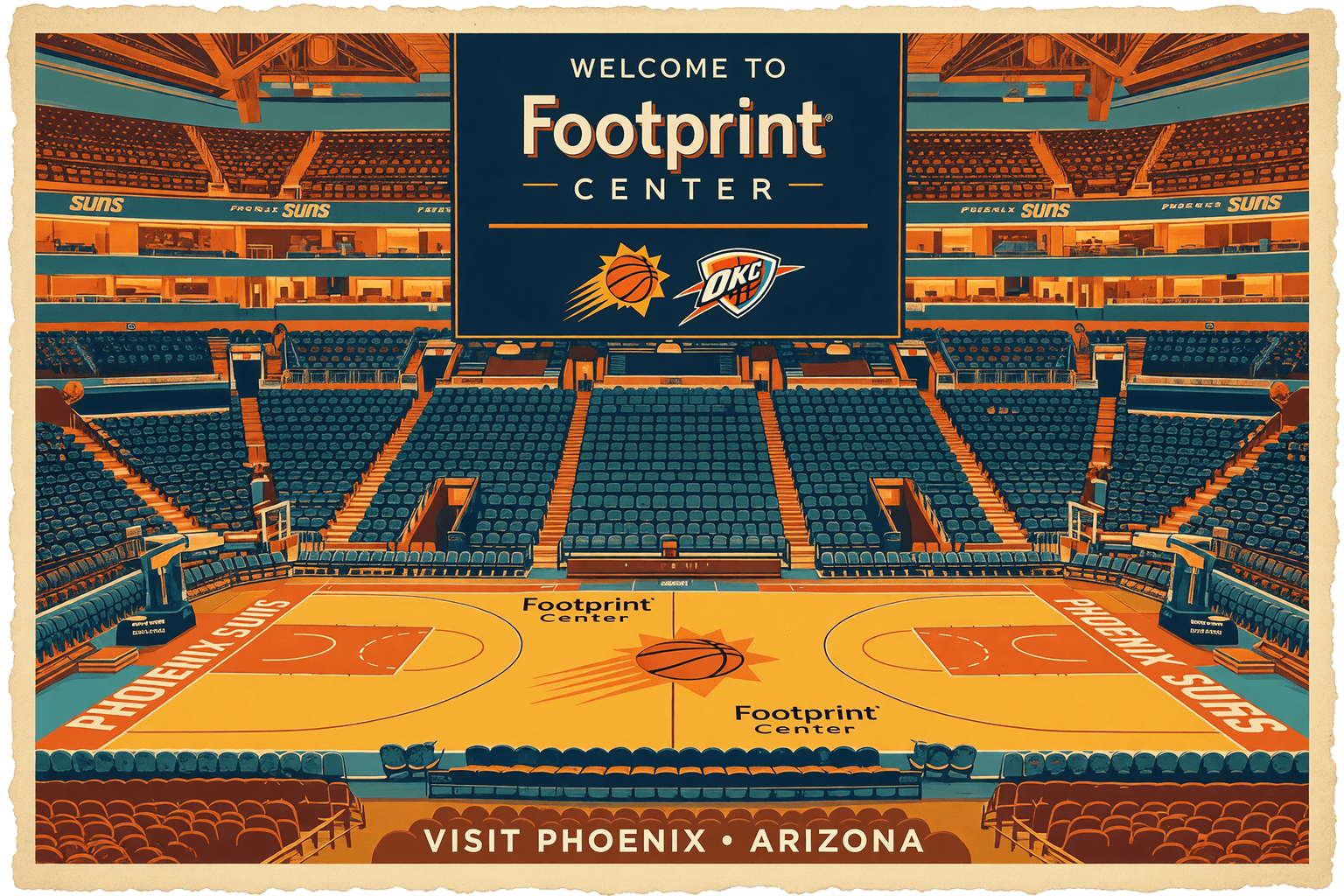 Interior del Footprint Center, la cancha de los Suns iluminada, gradas llenas de aficionados