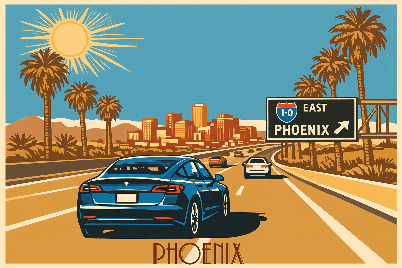 El Tesla Model 3 en la I-10 rumbo a Phoenix, ventanas abajo, el cielo azul del desierto de Arizona