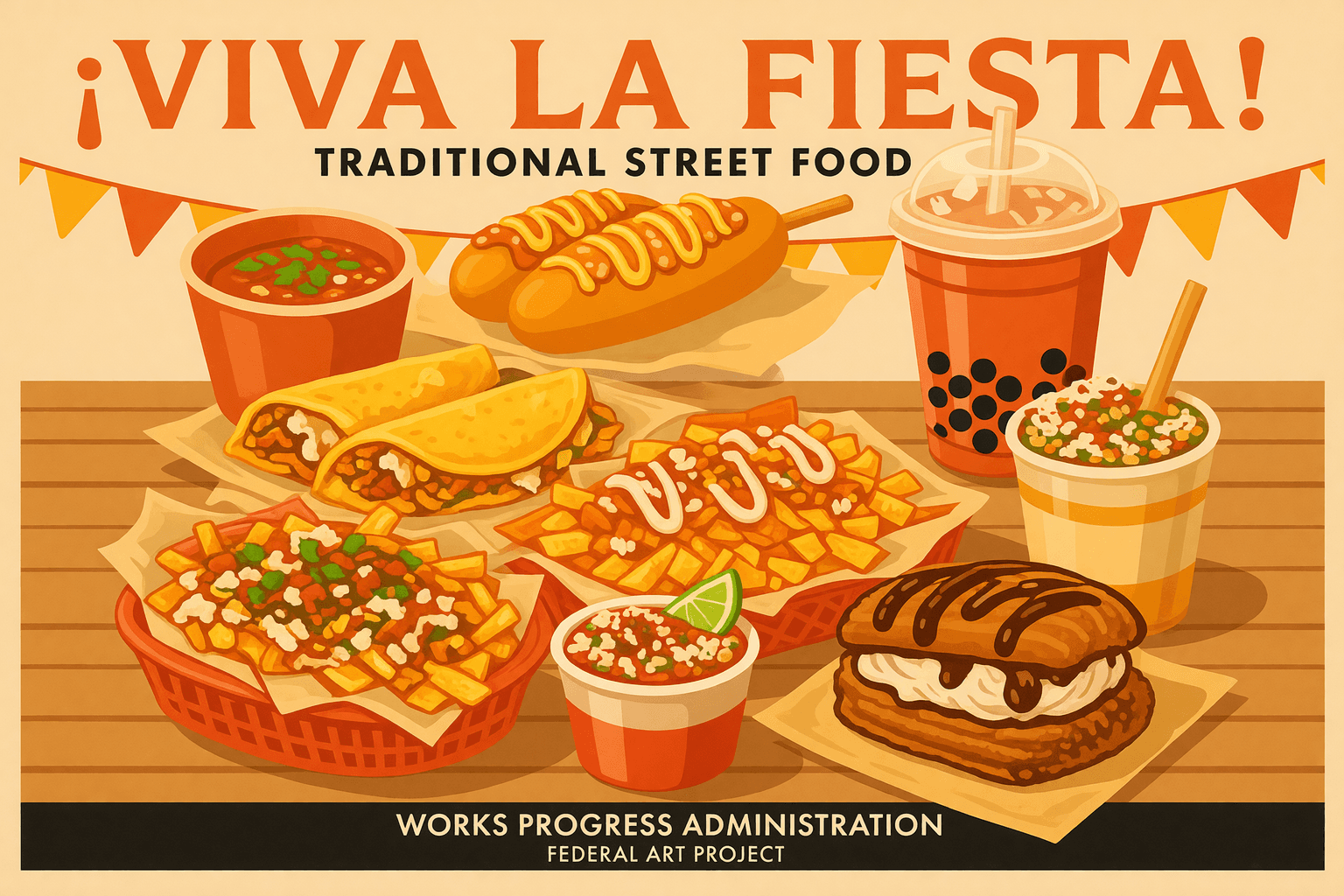 Una mesa con platos de street food del festival: birria tacos, korean corndogs, cheese wheel pasta, lobster roll, tanghulu, churro sundae