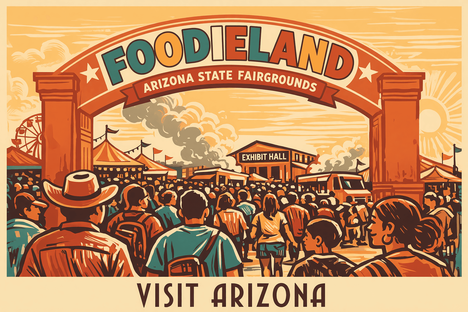 La entrada del AZ State Fairgrounds con el arco de Foodieland, gente caminando hacia adentro, banderines de colores
