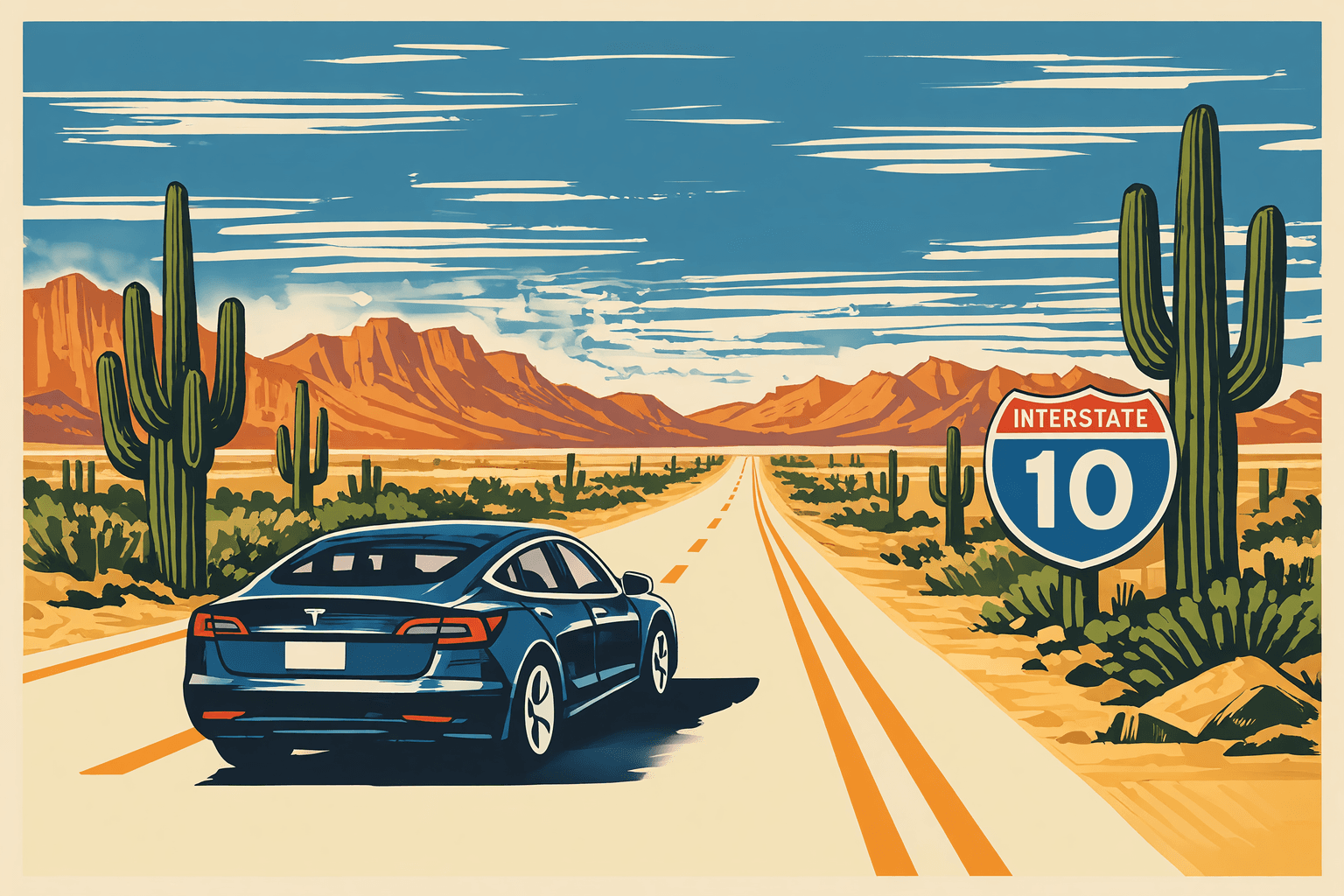 El Tesla gris oscuro avanzando por la I-10 entre saguaros y desierto abierto del Sonora, cielo azul enorme