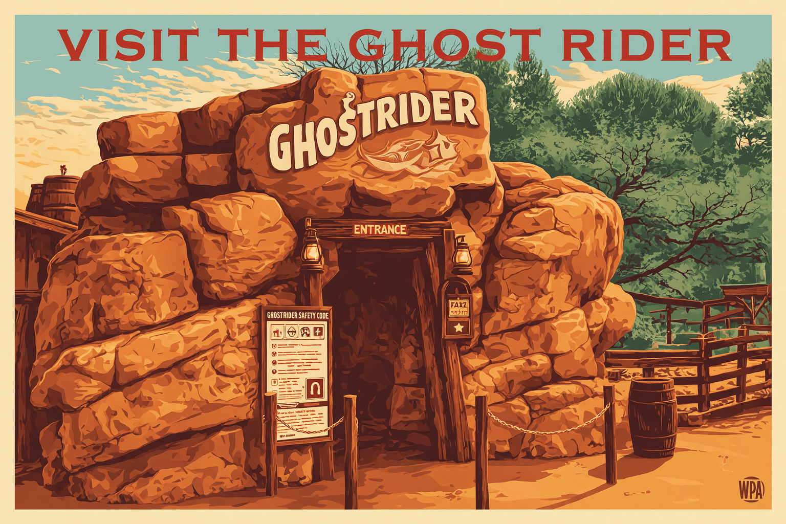La entrada de Knott's Berry Farm con el letrero vintage de Ghost Town, una familia de cuatro entrando bajo el sol de la manana