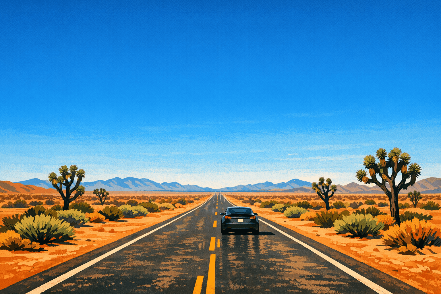 Una carretera recta del desierto con Joshua trees a los lados, el Tesla gris oscuro avanzando hacia el horizonte