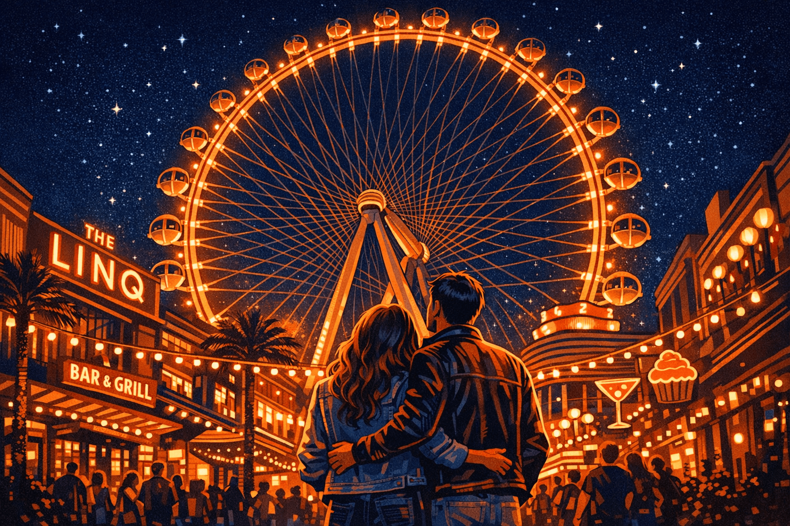 Una pareja mirando el High Roller iluminado de noche desde el LINQ Promenade, neón y estrellas