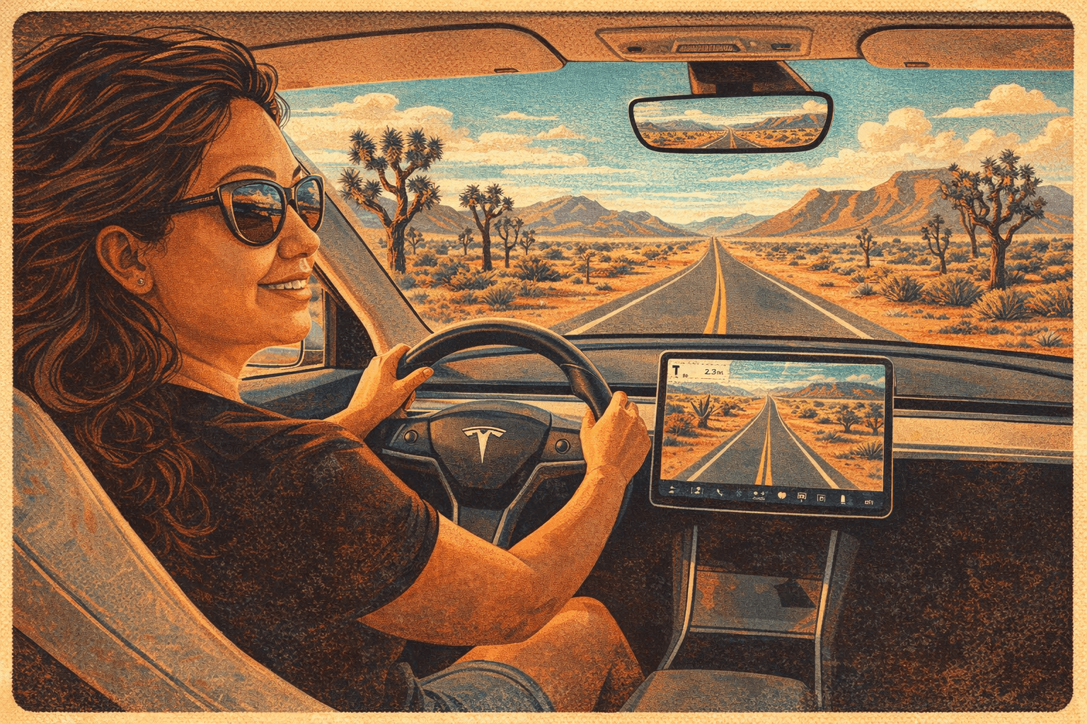 Diana manejando el Tesla por la carretera del desierto, lentes de sol, manos en el volante, la US-93 estirándose hacia el horizonte