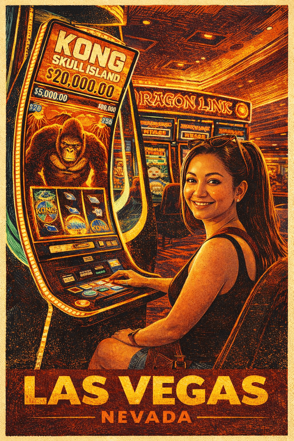 Diana en las tragamonedas de Kong en el casino de Harrah's, luces de neón y el jackpot de $20,000 en la pantalla