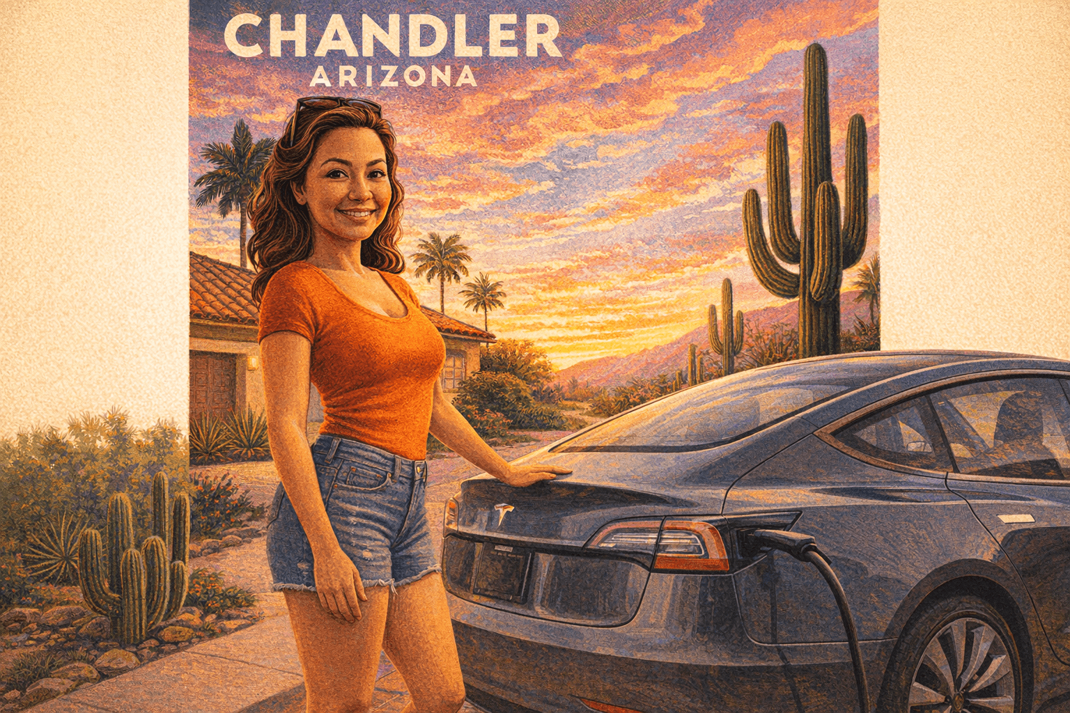 Diana de pie junto a su Tesla Model 3 gris oscuro en el driveway al atardecer, cable de carga conectado, su primer carro nuevo