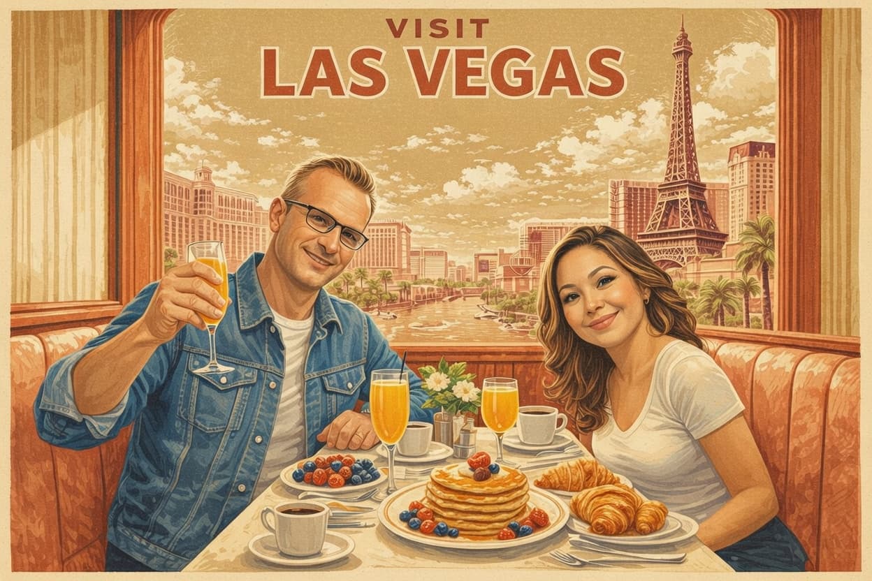 Brunch de domingo en Las Vegas, una pareja con mimosas y el Strip visible por la ventana del restaurante