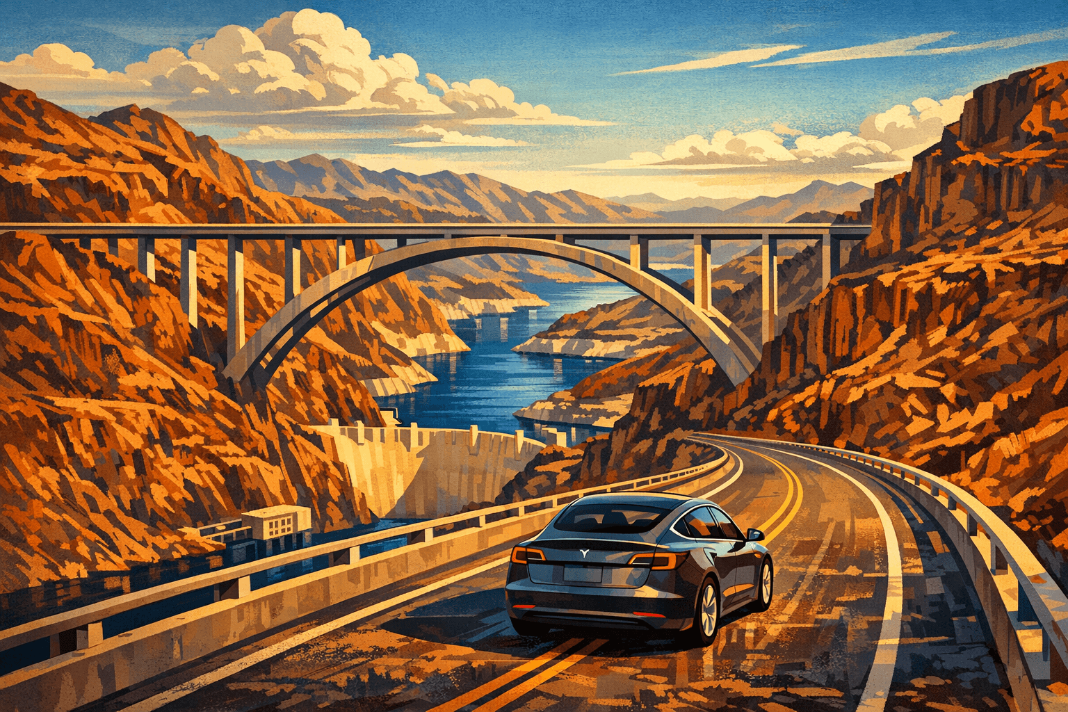 El Tesla cruzando el puente de la presa Hoover, arco dramático sobre el cañón del Colorado y Lake Mead