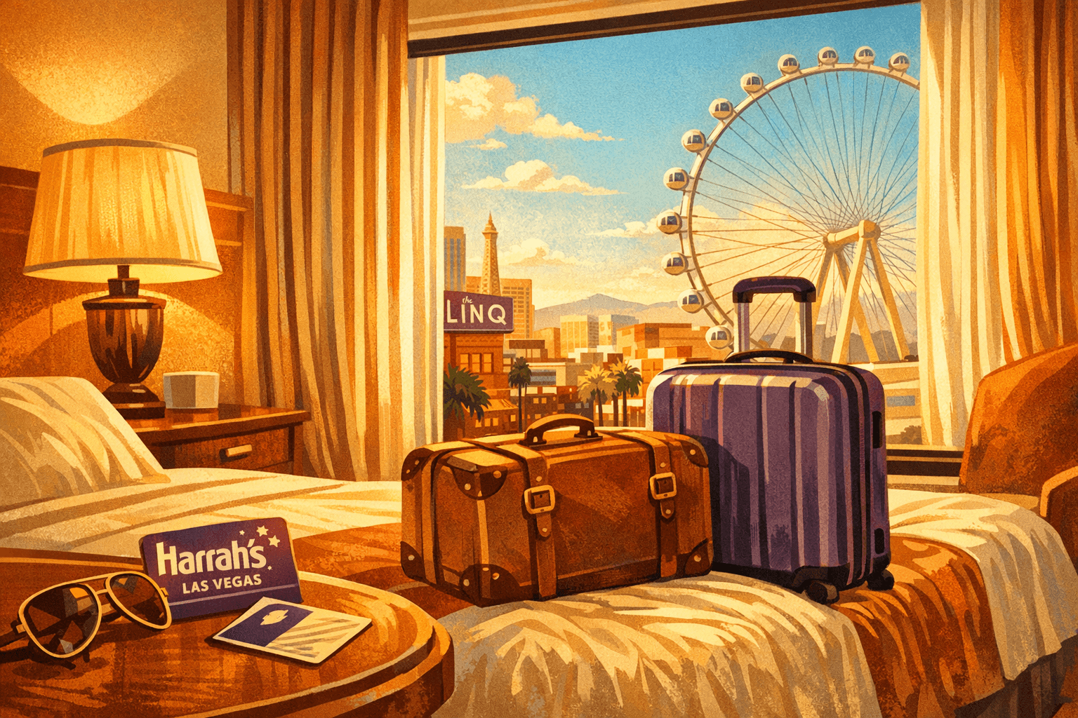 La habitación del Harrah's Las Vegas, maletas sobre la cama, el High Roller y el LINQ visibles por la ventana