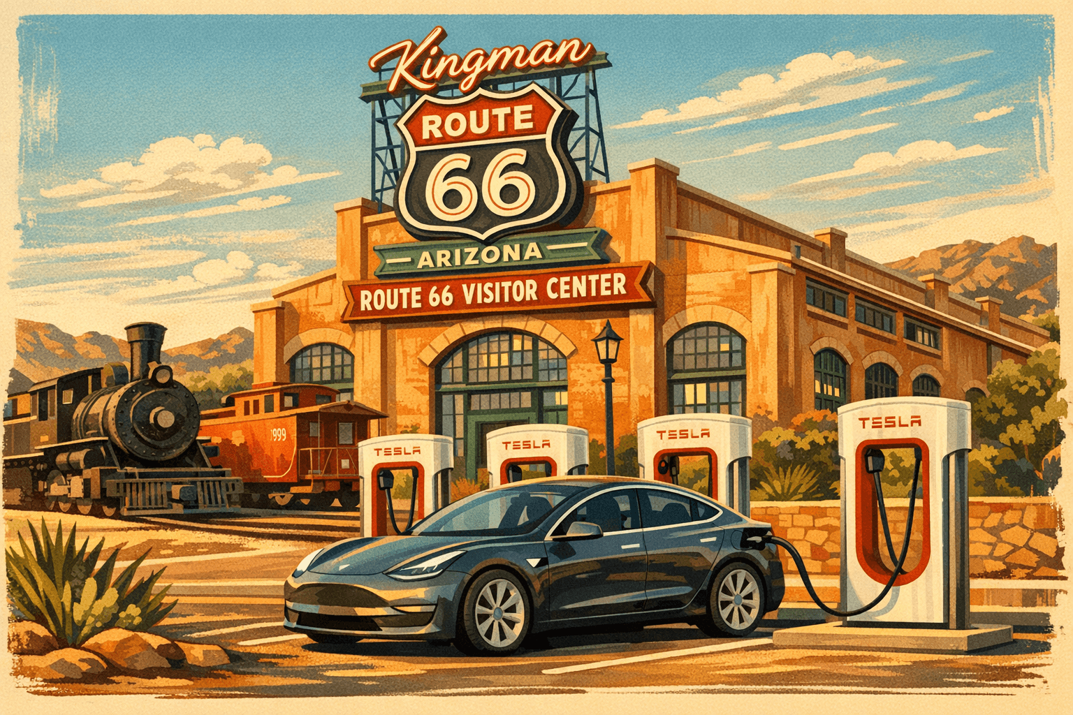 El Tesla gris cargando frente al Route 66 Visitor Center en Kingman, Arizona, con una locomotora de vapor al fondo