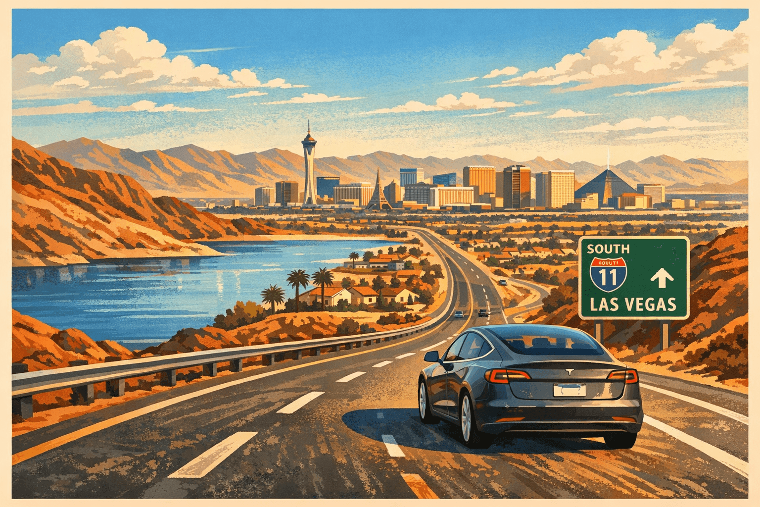 El Tesla acercándose a Las Vegas por la I-11, con el lago Mead y el skyline de Vegas visible en la distancia