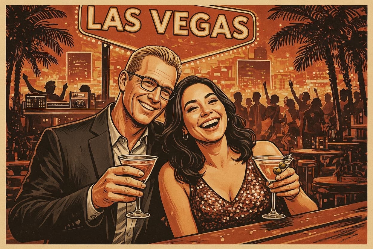 Una pareja en un bar de Las Vegas después del concierto, cócteles, DJ, la energía del sábado en la noche