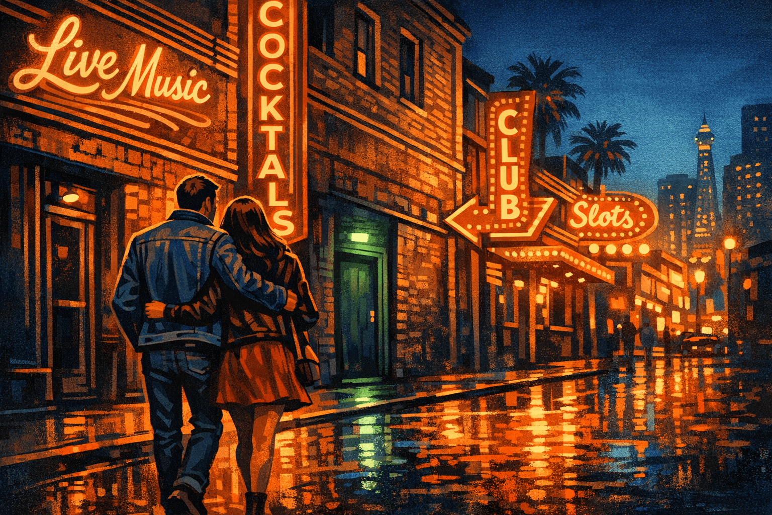Caminando por una calle lateral de Vegas de noche, letreros de neón, una puerta verde sutil entre los bares