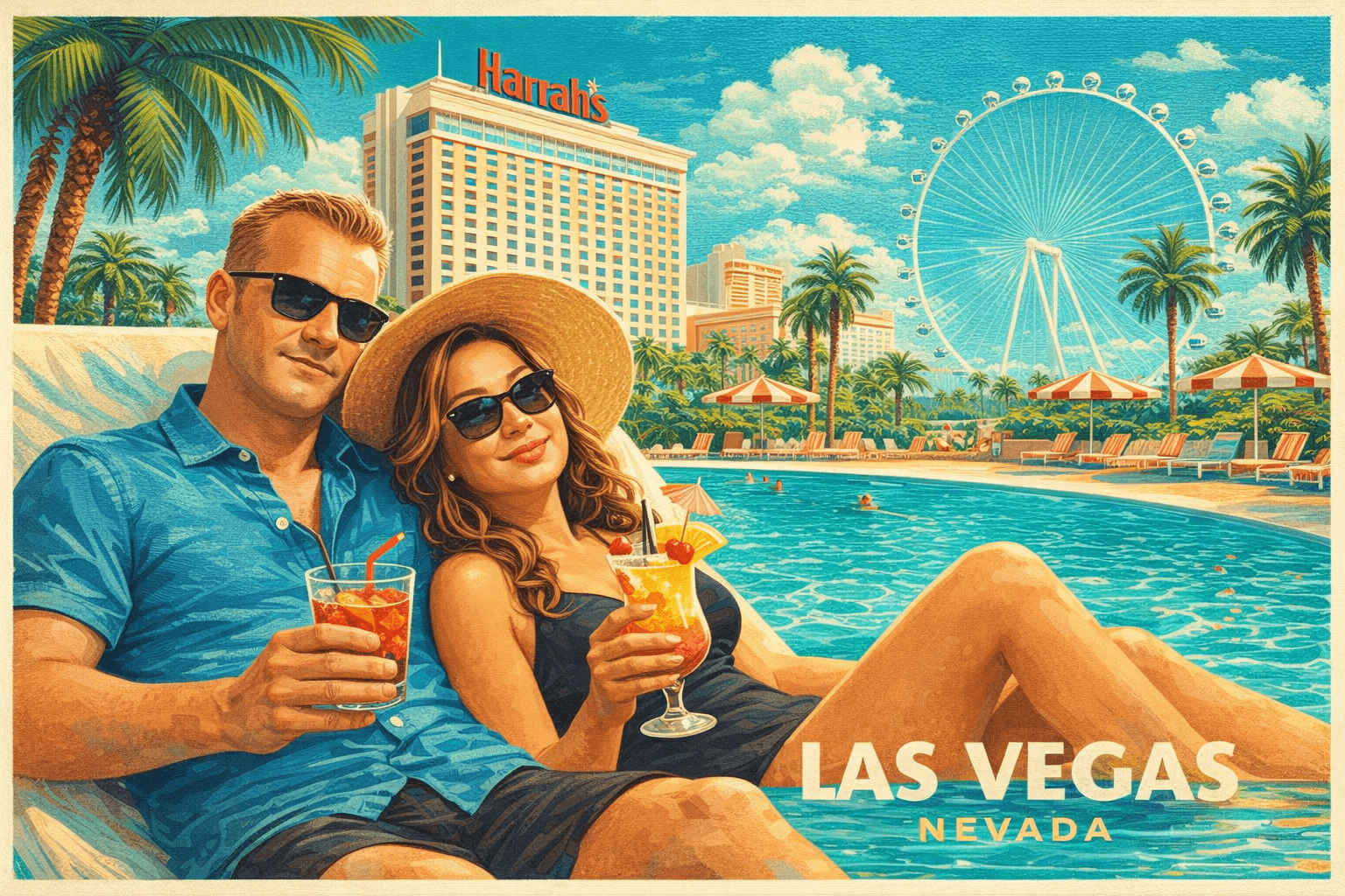 La piscina del Harrah's un domingo por la tarde, una pareja relajada con drinks, el High Roller al fondo