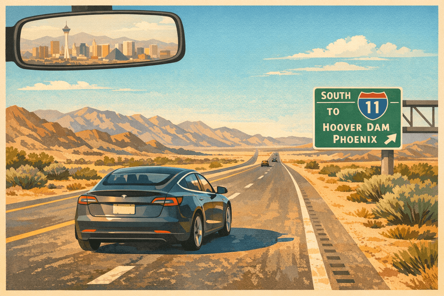 El Tesla saliendo de Las Vegas por la I-11 sur, el skyline de Vegas desvaneciéndose en el espejo retrovisor