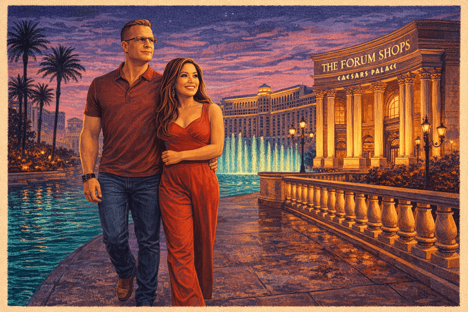 Una pareja caminando por el Forum Shops de Caesars Palace con las fuentes del Bellagio al fondo, luz dorada de la tarde
