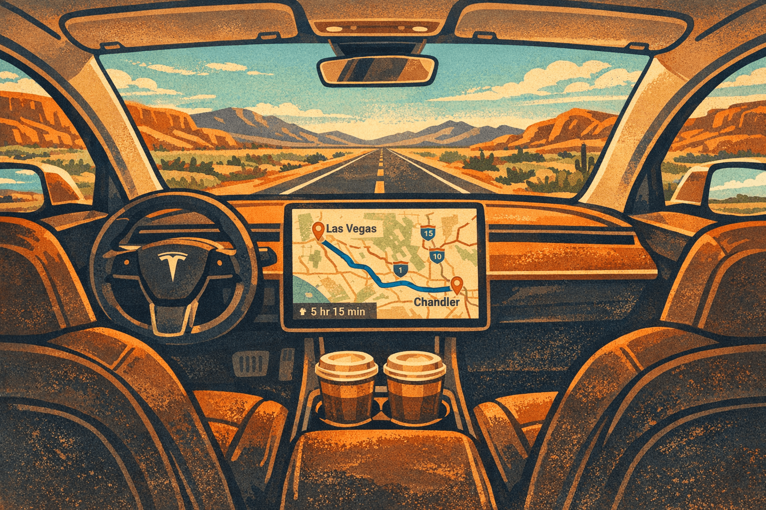 Vista interior del Tesla, la pantalla mostrando la ruta de Las Vegas a Chandler, dos cafés en el porta vasos