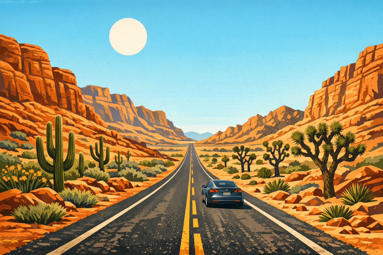 La transición del desierto de Sonora al Mojave, cañones rojos, saguaros dando paso a Joshua trees