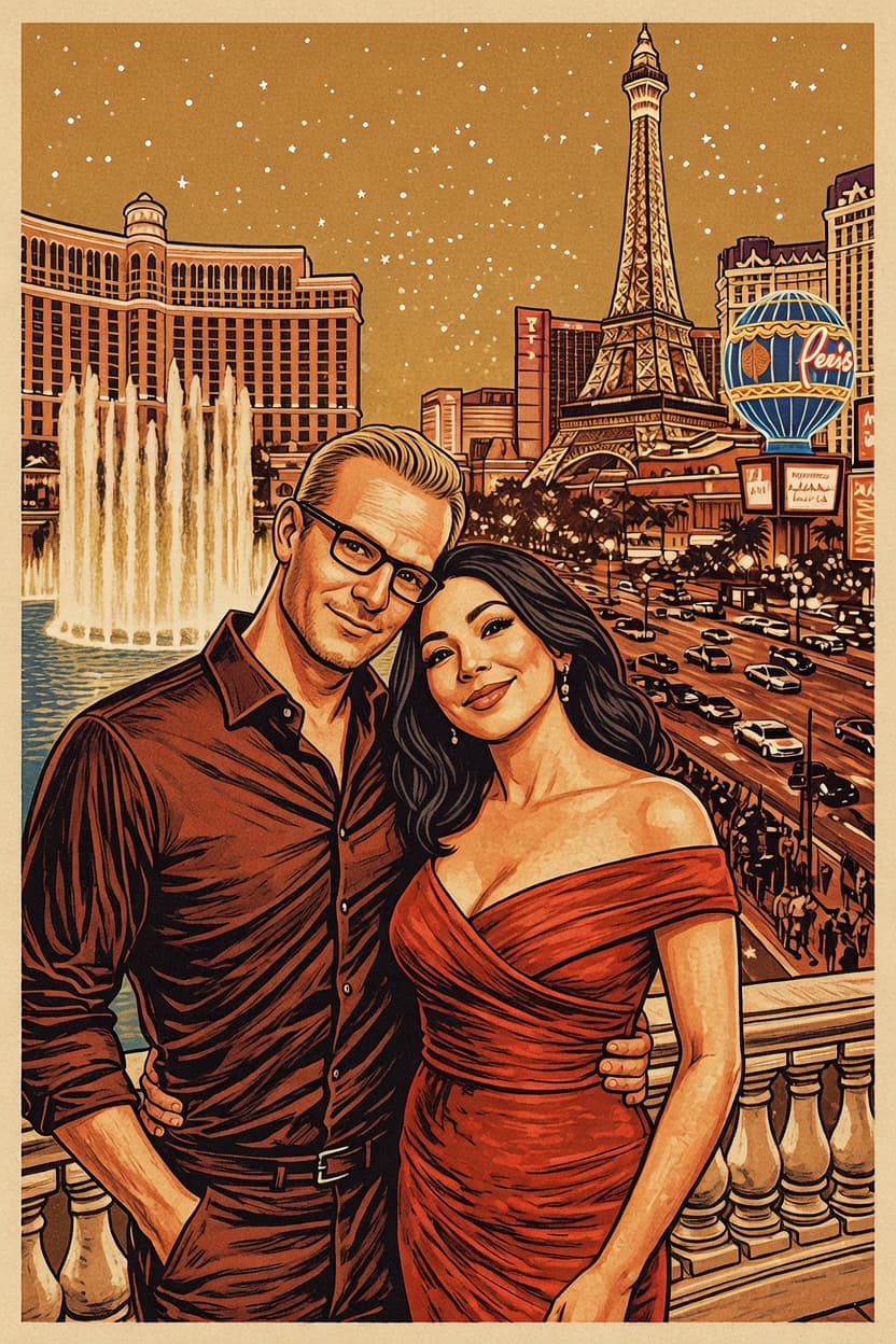 Matthias y Diana juntos en el Strip de Las Vegas, las fuentes del Bellagio y la Torre Eiffel iluminadas detras de ellos