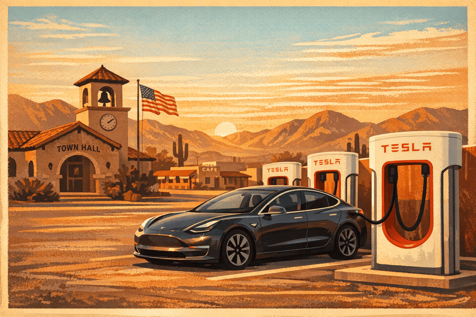 El Tesla cargando en el Supercharger de Wickenburg junto al Town Hall al amanecer, un pueblo del desierto tranquilo