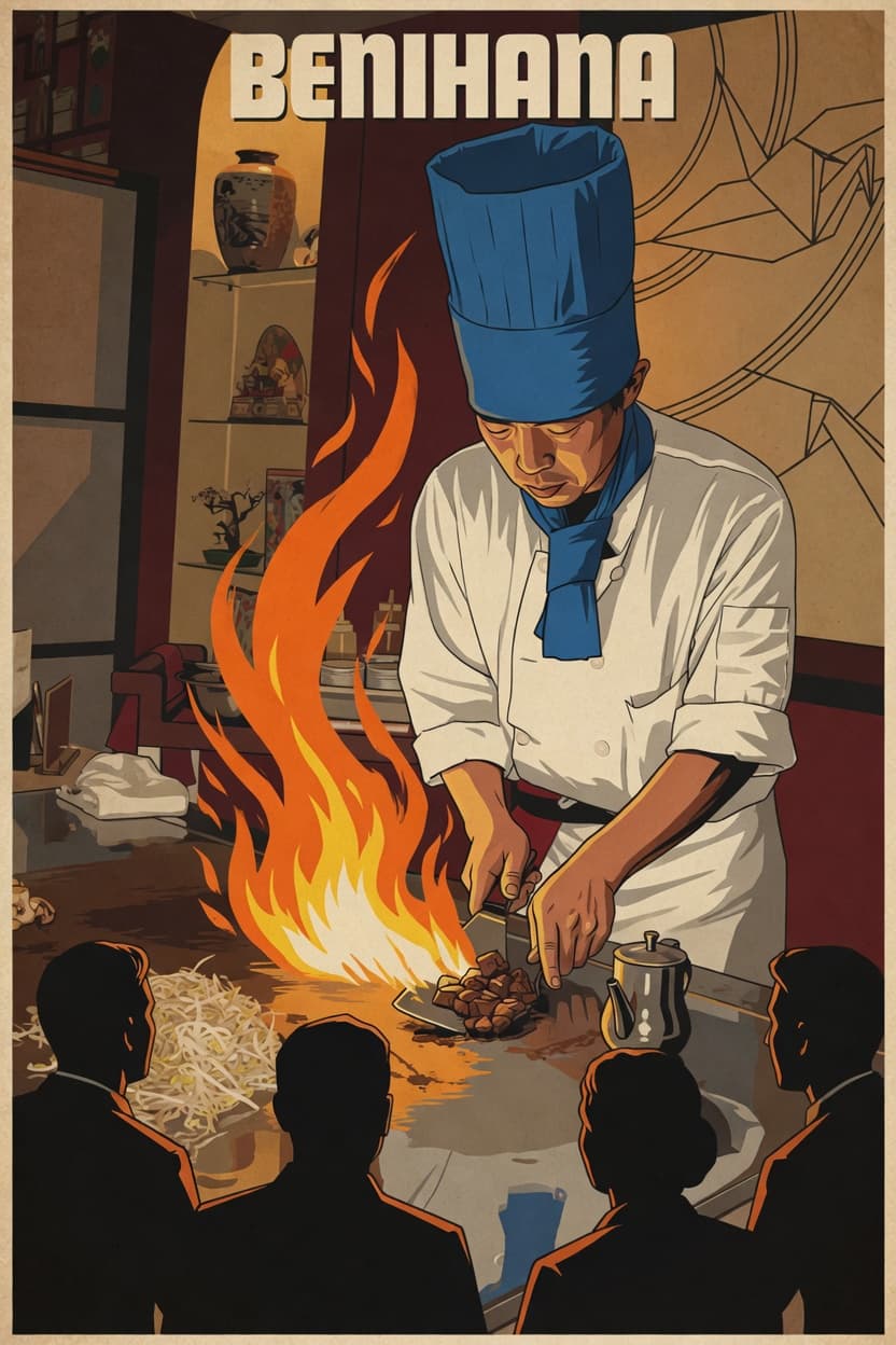 Chef de teppanyaki realizando acrobacias con comida en vivo en Benihana