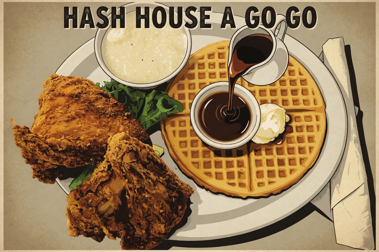 El famoso y gigantesco plato de pollo frito con waffles en Hash House A Go Go