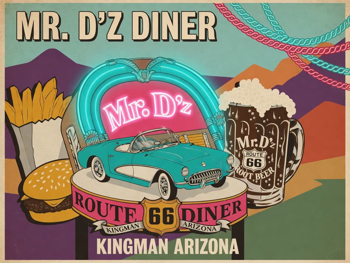 El exterior con neones de Mr. D'z Route 66 Diner en Kingman
