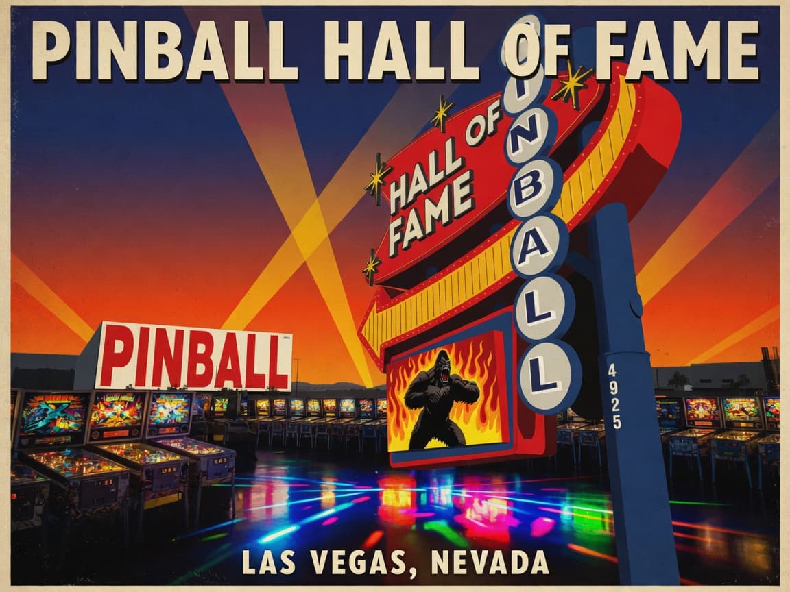 Filas de máquinas de pinball clásicas brillando en el Pinball Hall of Fame