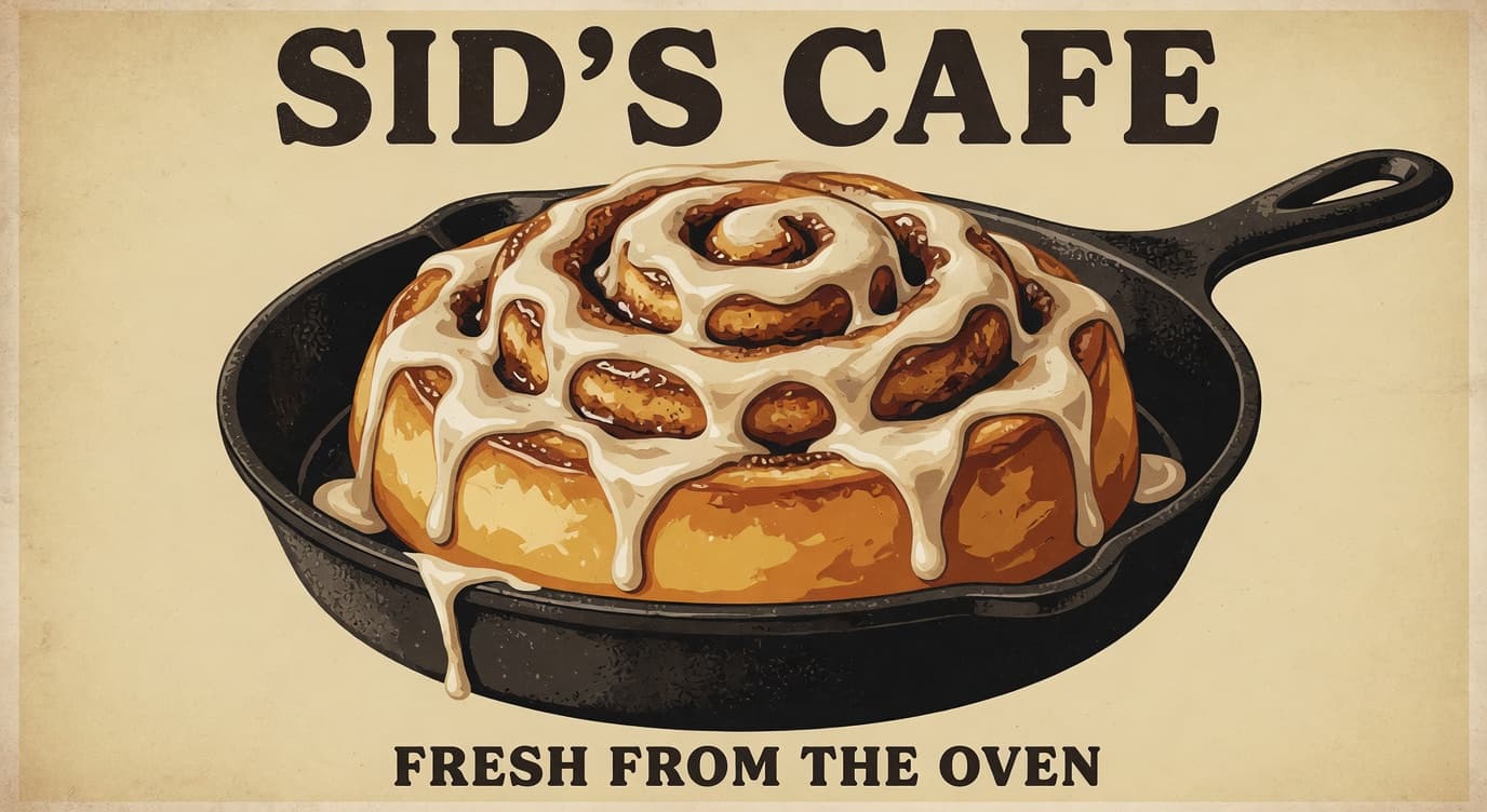 Un desayuno clásico con un rol de canela gigante horneado en Sid's Cafe