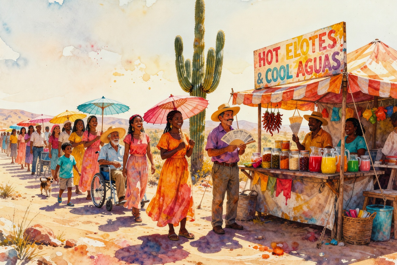 The food vendor line in the desert sun