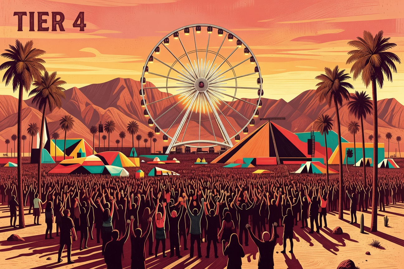 Coachella-style festival at sunset with Ferris wheel, massive crowd, and desert mountains