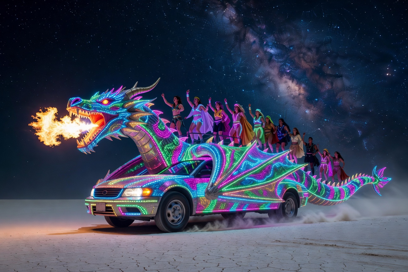 A dragon art car cruising the playa at night