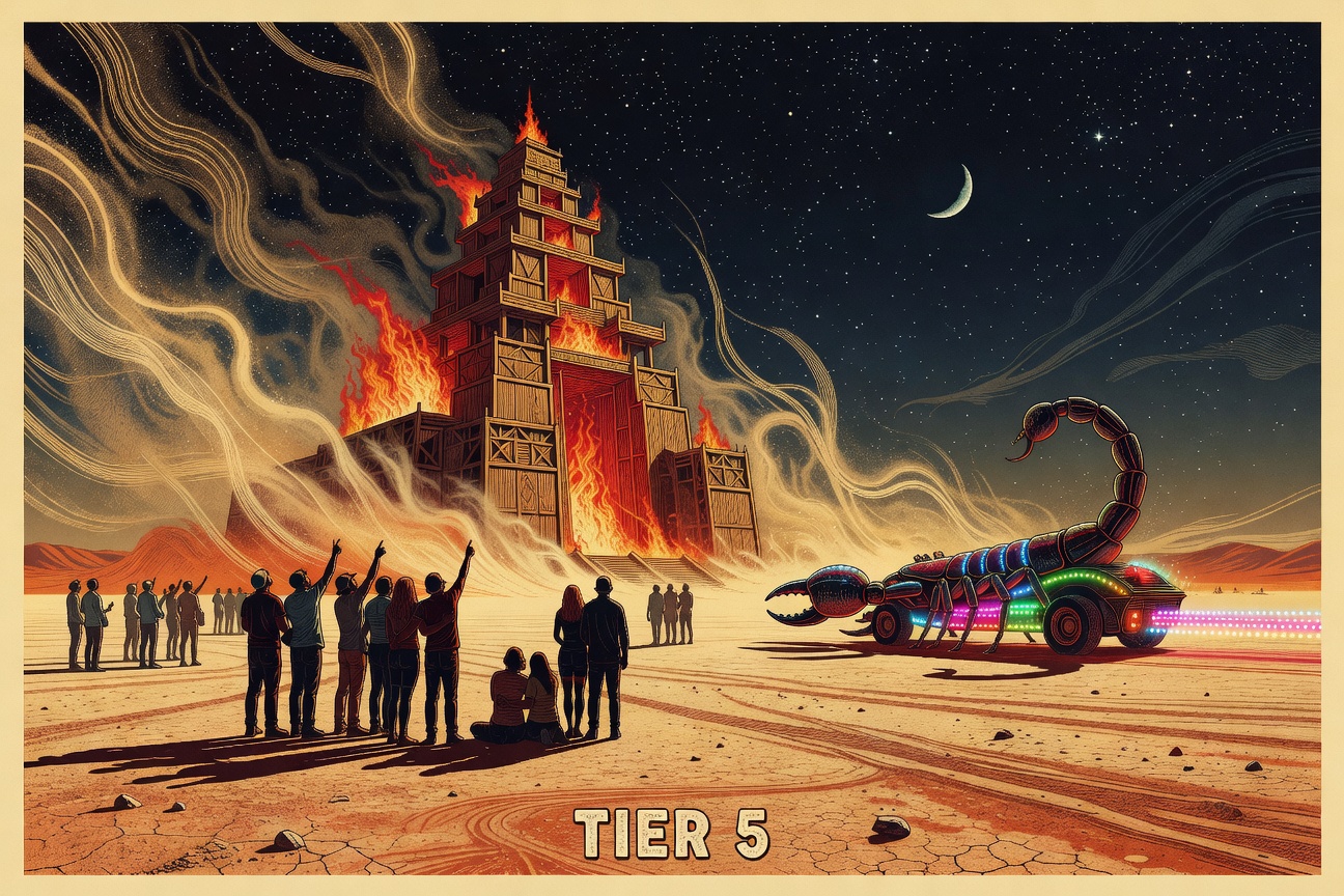 Burning Man at night with a glowing temple, art cars, dust, and starry sky