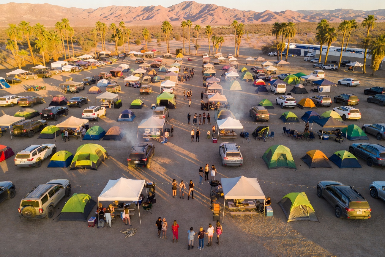 Aerial view of the car camping grounds at golden hour