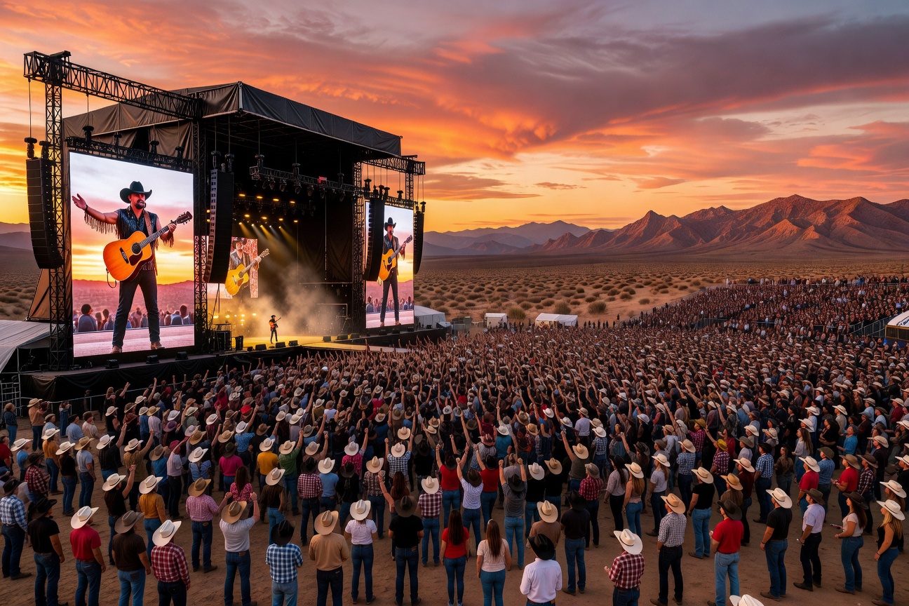 The Mane Stage at sunset -- 75,000 cowboy hats and the sky on fire