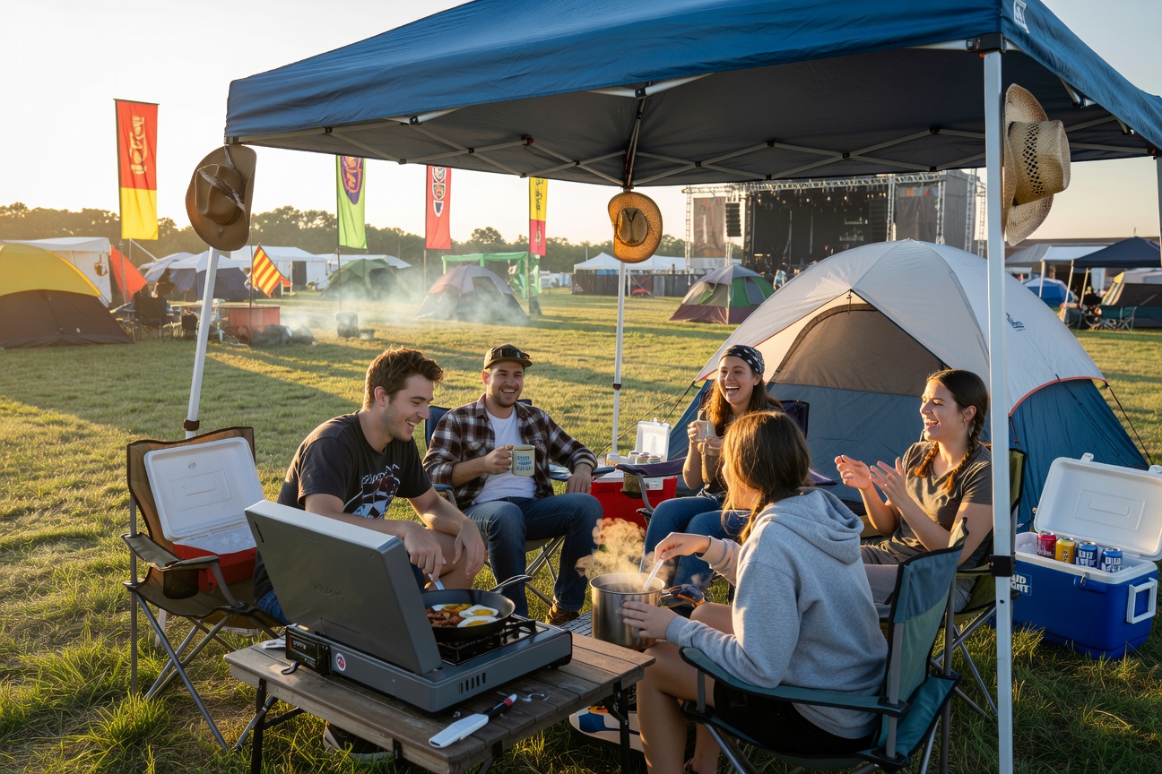 Morning at camp -- coffee, camp stove, and the best part of festivals